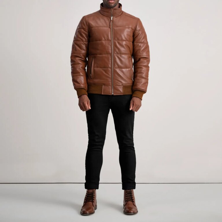 Mens Lucas Brown Leather Puffer Bomber Jacket Full Length-2-1733732631552